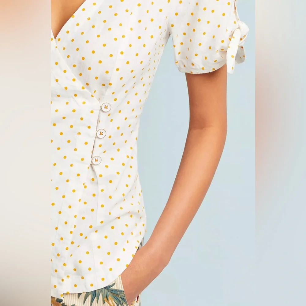 Anthropologie Maeve Louise Wrapped Blouse Size 0 Polka Dot Retro Puff Sleeve Top